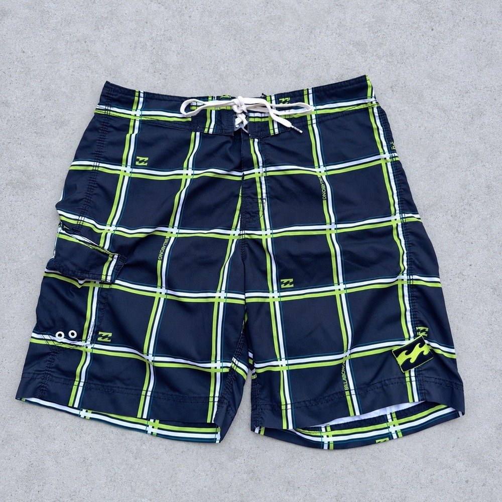 Billabong y2k Plaid Board Shorts Black Lime Green Size M Surf Trunks